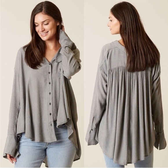 Free People Magic Breeze Gray Micro Stripe Button Down Shirt Large Oversized - Picture 1 of 16